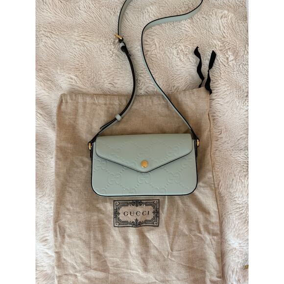NWOT Authentic Gucci Green Calfskin Leather GG Super Mini crossbody purse  $1500 - Picture 13 of 16